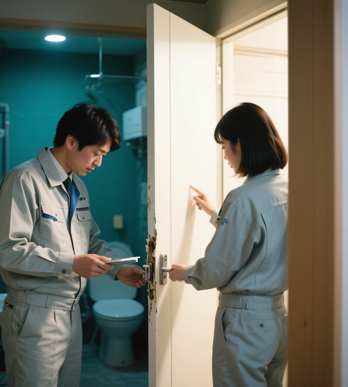 室内ドアを点検する作業着の男女 (ドアのトラブル対応シーン)
