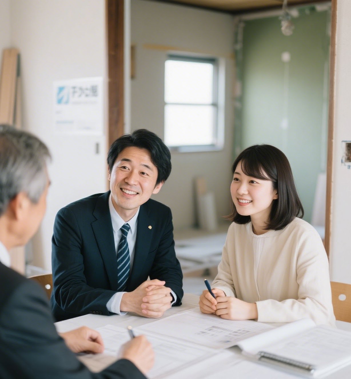 スーツ姿の男女と打ち合わせをする男性 (業者との相談・契約シーン)