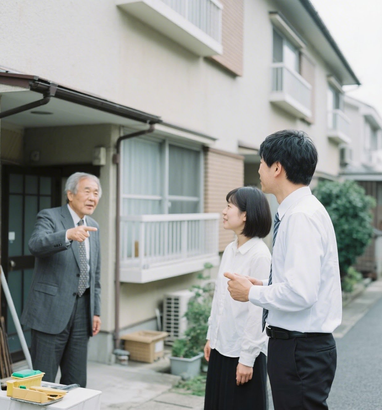 家の外壁を指し示す年配の男性と若い男女 (外装トラブルの相談シーン)
