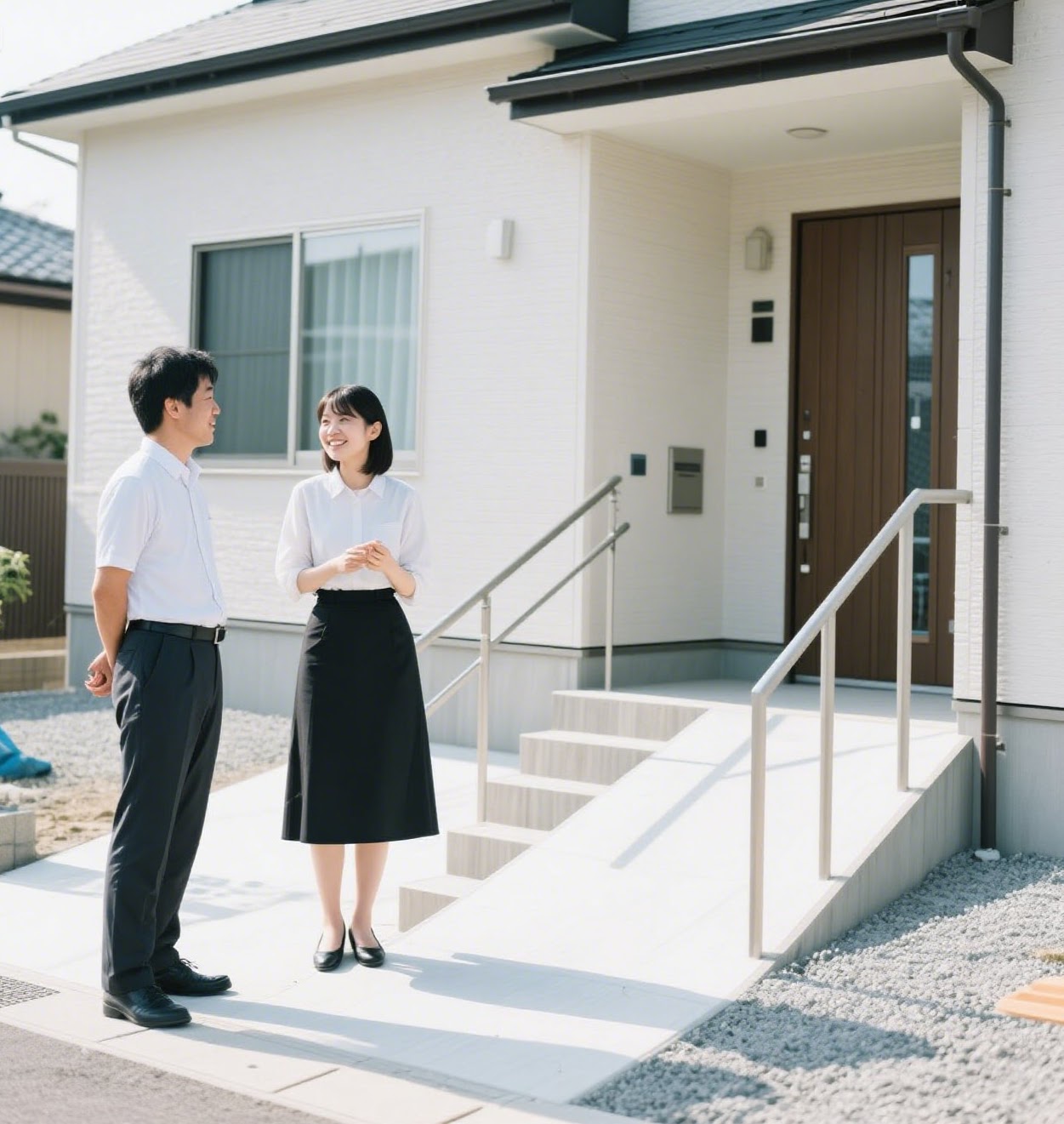 スロープと手すりのある玄関アプローチ (階段や手すりの安全性を想起させるイメージ)