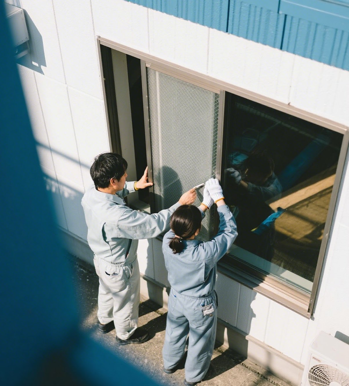 作業員が網戸を修理している様子