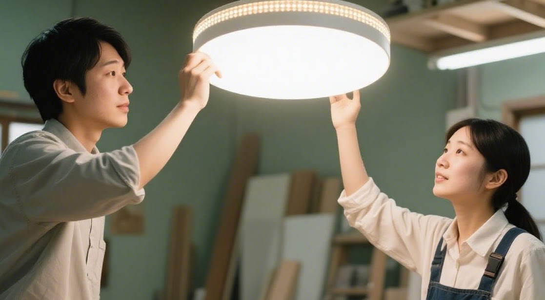 男女がLEDシーリングライトを取り付けようとしている (LED照明の交換シーン)
