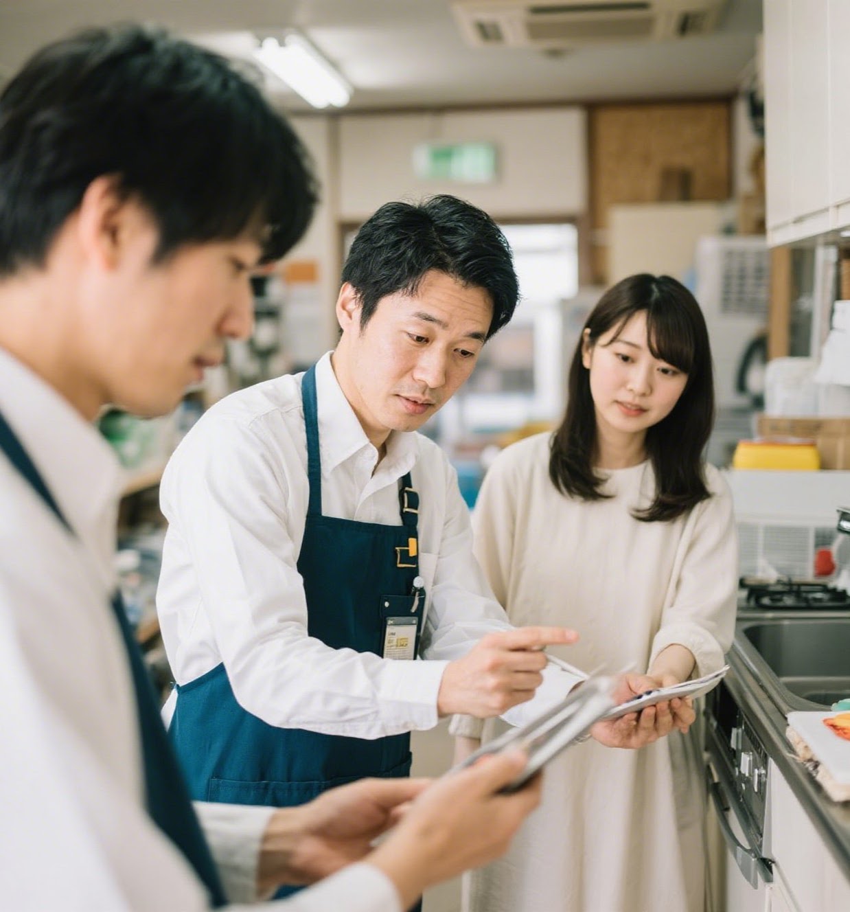 キッチンで説明を受ける女性と作業員 (キッチン周りのトラブル相談シーン)