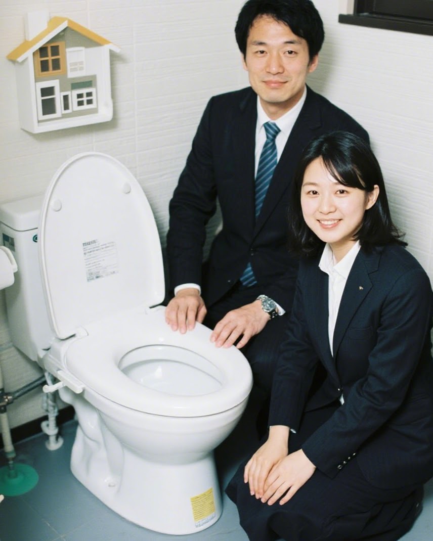 男女がトイレの便器のそばにいる (トイレ水回りのトラブルシーン)